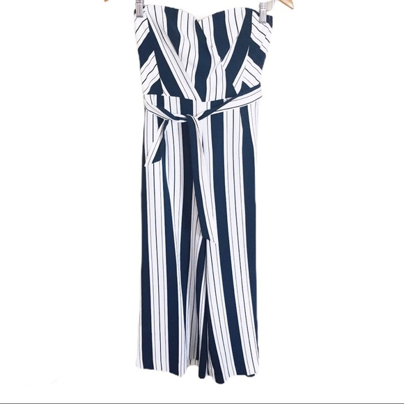 NWT H&M Strapless Striped Jumpsuit With Tie Belt & Pockets White/Navy Blue Sz 6 - Picture 5 of 12